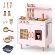 Gymax Play Kitchen w/Realistic Ice Maker Stove Accessories & Water Sink Storage Pink