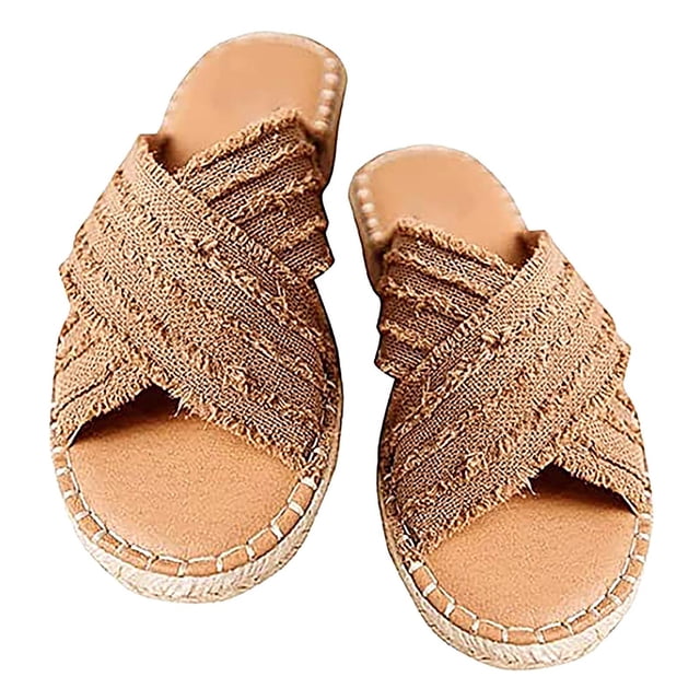 Penkiiy Women's Slide Sandal Denim Crossover Flat Slippers 40 Brown