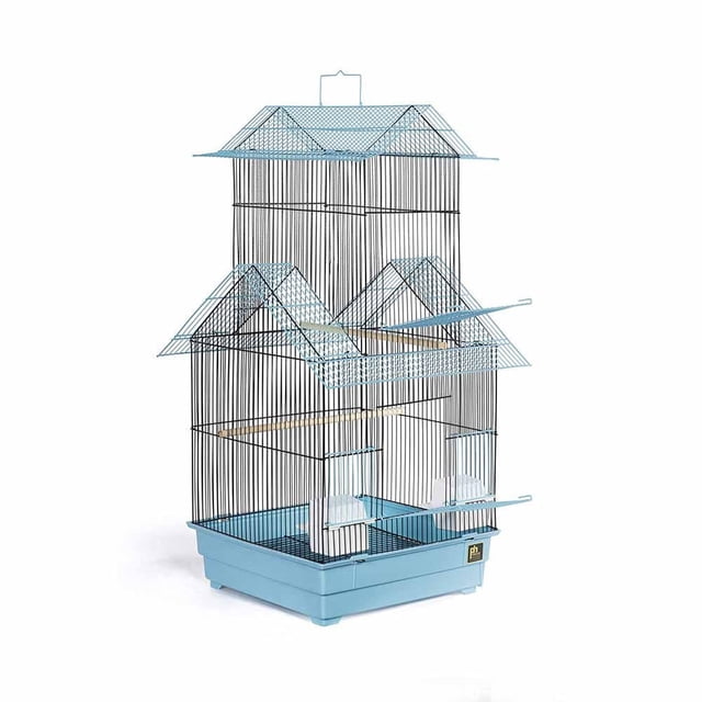 Prevue Pet Beijing Keet/Tiel Bird Cage with blue plastic base and black vertical wire bars, featuring a double roof design and two large front doors. Includes two white plastic cups, two wooden perches, a removable bottom grille, and a 1-inch deep pull-out tray for easy cleaning. Measures 16 inches long, 14 inches wide, and 32 inches high with 1/2-inch wire spacing, designed for small to medium birds like cockatiels and parrots. Also suitable as a temporary habitat for bird rehabilitation or travel.