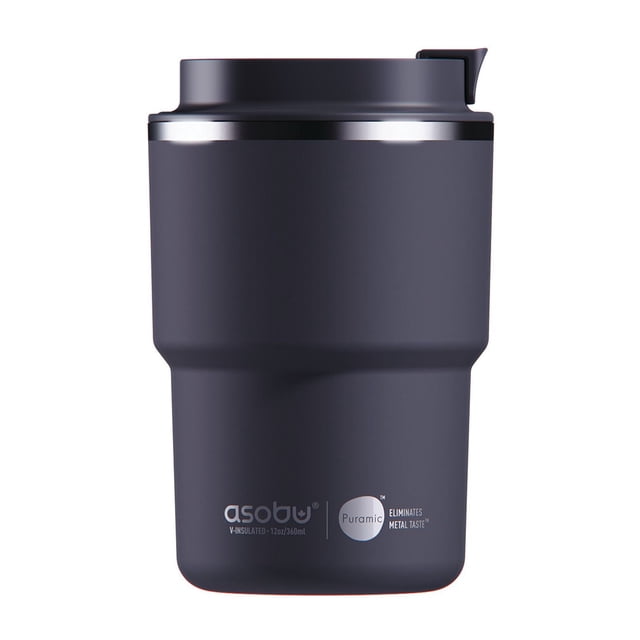 Asobu Coffee Express Tumbler en Gris Foncé Mat avec Extérieur en Acier Inoxydable Isolé sous Vide et Intérieur Revêtu de Céramique Qui Préserve la Saveur du Café, Doté d'Un Couvercle à Ouverture Instantanée Étanche et de Porte-Gobelets standard de Format 12 oz, Idéal comme Contenant Isolé pour le Rangement de Boissons.