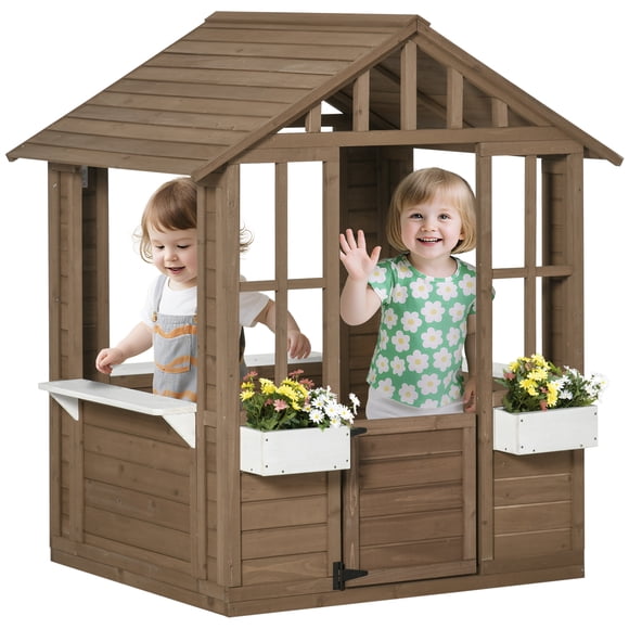 Outsunny Maisonnette de Jeu en Bois pour Enfants d'Extérieur avec Portes, Fenêtres, Brun