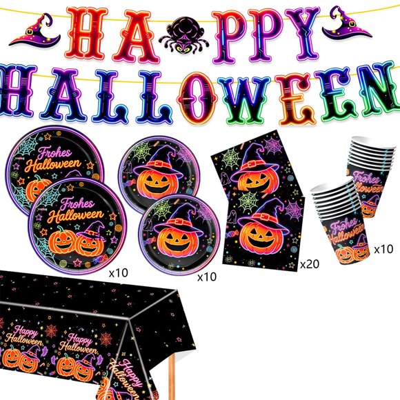 Drppepioner Halloween Party Tableware for 10 Guests,Holiday Party Decorations Paper Plates Includes Cups Plates Napkins and Cutlery