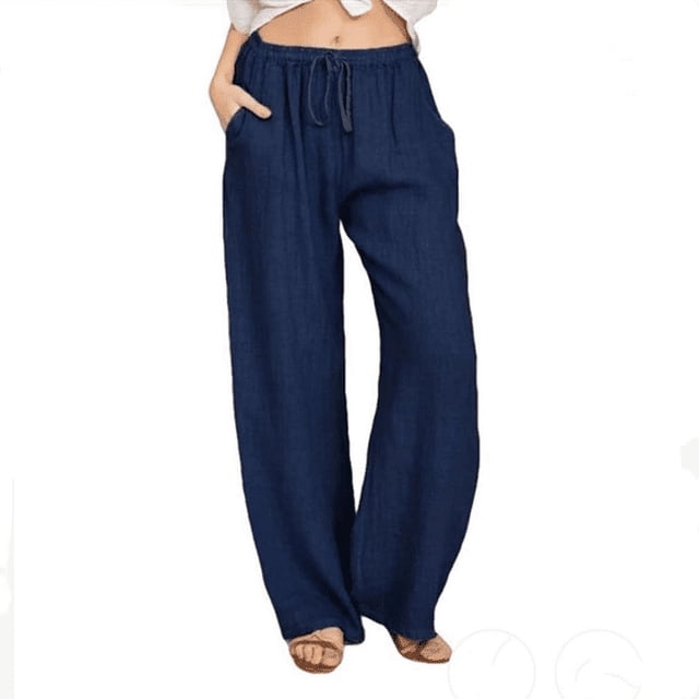 Women‘s Linen Plus Size High Waisted Loose Fit Pants Drawstring Closure Gothic Trousers for Women