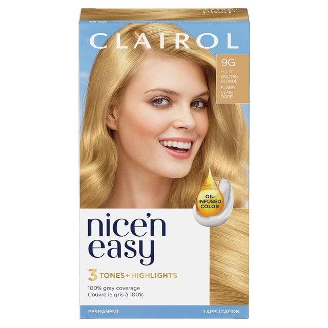 Clairol Nice'n Easy Teinture Capillaire Permanente en 9 g Blond Doré Clair, Offrant une Couleur Infusée d'Huile avec 3 Tons et Mèches pour une Couleur de Cheveux Permanente d'Apparence Naturelle, une Couverture de 100 % des Cheveux Gris et un kit d'Application.