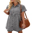 thumbnail image 1 of Robe en Denim pour Femmes Décontractée à Manches Courtes, Boutonnée, Smockée, à Volants, Style Babydoll, Robe en Jean, 1 of 6