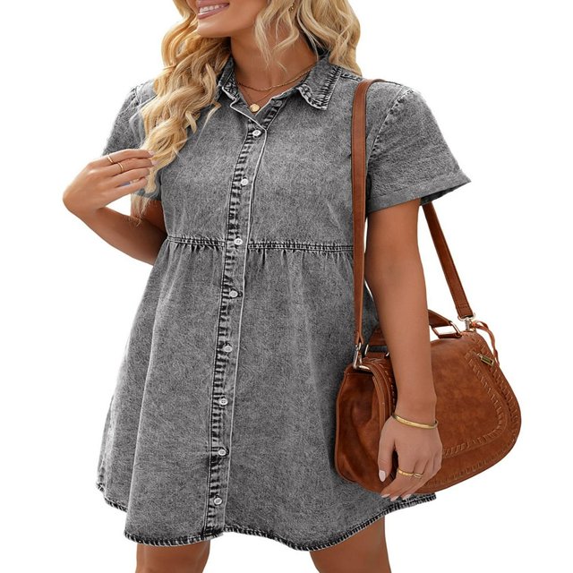 Robe en Denim pour Femmes Décontractée à Manches Courtes, Boutonnée, Smockée, à Volants, Style Babydoll, Robe en Jean