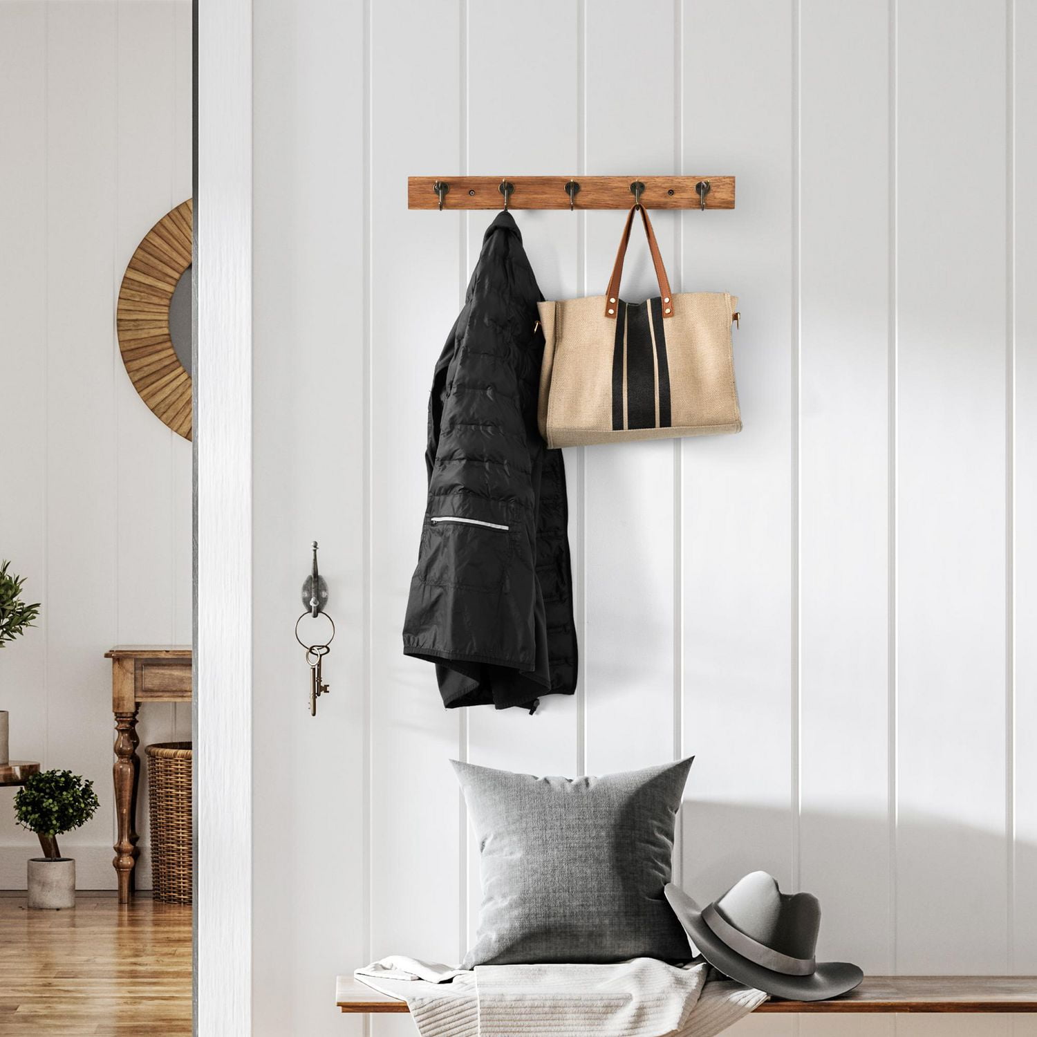 Era Farmhouse 5 Hook Wood Rail, Medium Stain