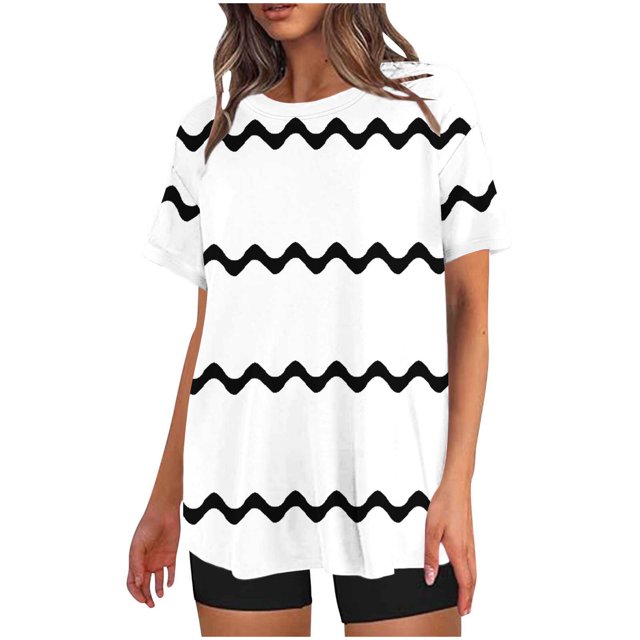 Mikilon Ensemble Élégant pour Femmes 2 Pcs Mode Décontractée Rayé Imprimé Col Rond Épaule Tombante Short Ensemble Deux Pièces Blanc-B TP