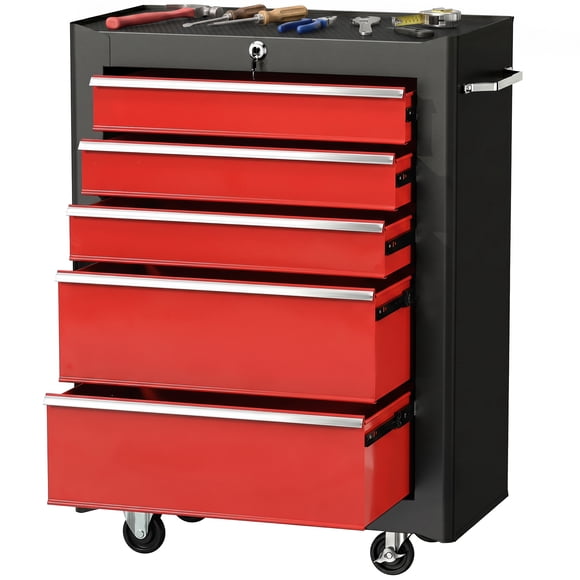 HOMCOM 5 Drawer Rolling Tool Chest Lockable Tool Cabinet, Black and Red