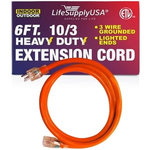 6 ft Power Extension Cord Outdoor & Indoor Heavy Duty 10 Gauge/3 Prong SJTW (Orange) Lighted end Extra Durability 15 AMP 125 Volts 1875 Watts ETL Listed by LifeSupplyUSA
