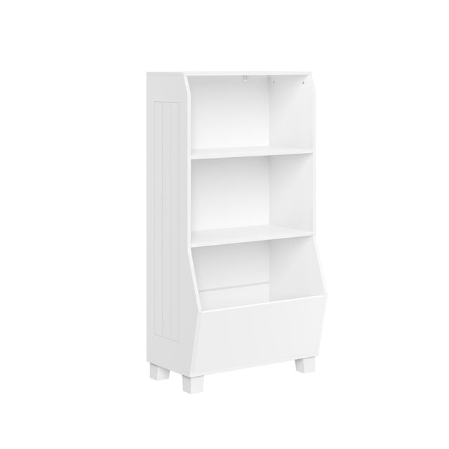 Kids 23" Bookcase with Toy Organizer in white, featuring two open shelves and a large bottom toy bin for playroom storage, standing on block feet with paneled sides, ideal for organizing children's books, games, and toys.