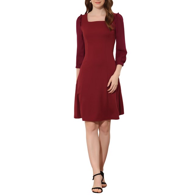 Unique Bargains Col Carré Femmes Garniture Pure 3/4 Manches en Mousseline de Soie Mini Robe 1 L