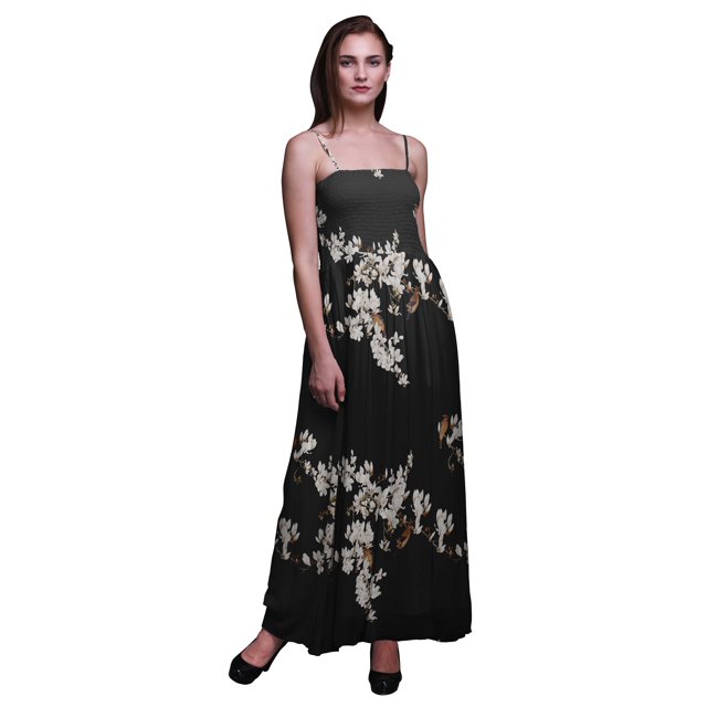 Bimba Robe Maxi Tube Smockée d'Été pour Vacances à Imprimé de Fleurs et d'Oiseaux Bulbules - Très Petit