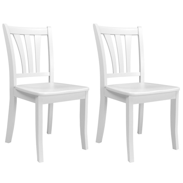 CorLiving Dillon set of 2 solid wood indoor dining chairs in white with high slatted backs and ergonomically contoured seats, sturdy legs, shown front 3/4 on white background, ideal for kitchen or dining room seating with durable wood construction.