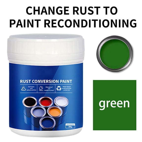 Weatherproof Rust Converter Paint for Metal, Rust Remover for Metals and Primer, Change Rust to Paint Reconditioning, Water-Based Industrial Anti-Rust Metallic Paint with Brush, 300G, Green