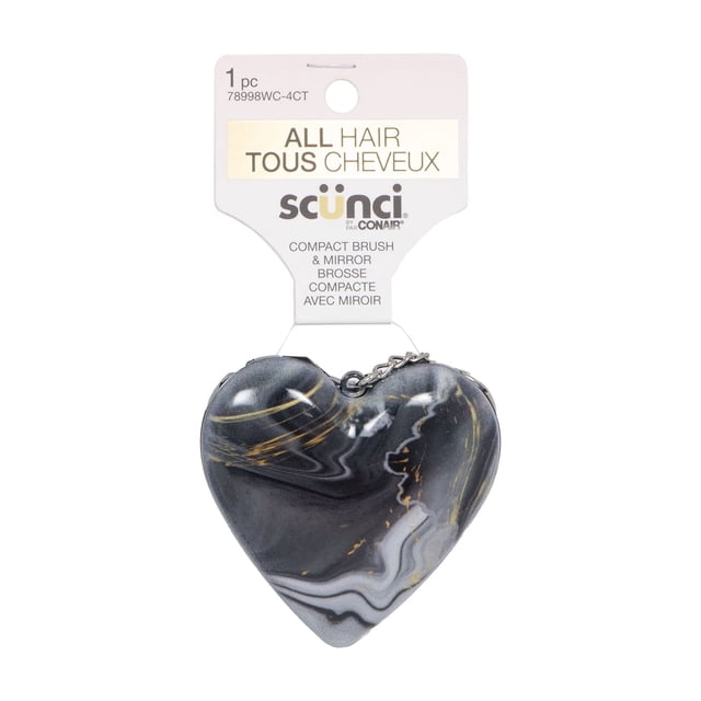 Scunci Heart Pop Up Mirror Brush with a compact heart-shaped black and gray marbled case featuring gold streaks, attached to a white tag with brand and product details, designed for hair brushing and includes a pop-up mirror, suitable for on-the-go grooming.