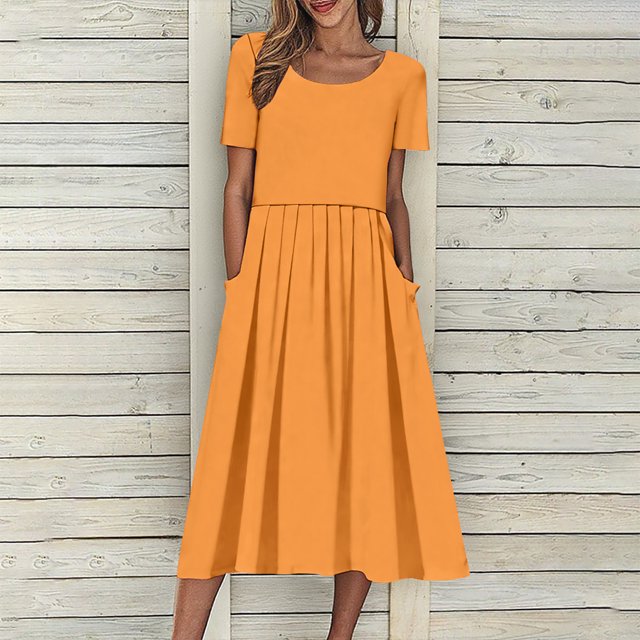 Robes d'Été pour Femmes 2025 Zeophrasy Robe de Vacances Décontractée pour Femmes, Fête, Quotidien, Plissée, Col Rond, Unie, Manches Courtes, avec Poche, Liquidation à Moins de 5
