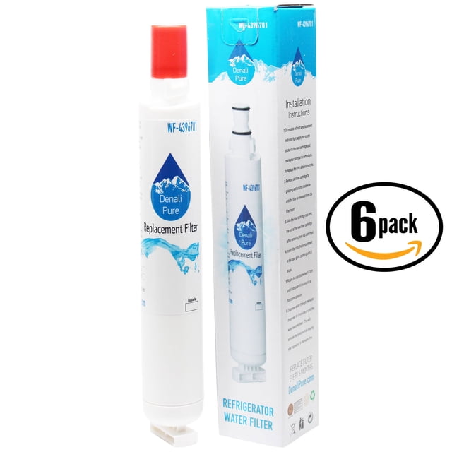6-Pack Replacement Kenmore 10676233402 Refrigerator Water Filter by Denali Pure, compatible with Kenmore 46-9915 fridge water filter cartridge. Designed for water filtration systems, includes six white filters with red caps and branded packaging featuring installation instructions.