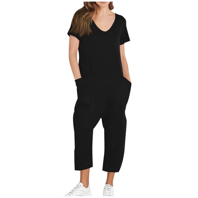 Yuyuzo Jumpsuits for Women Short Sleeve V Neck Rompers Wide Leg Cropped Pants Overalls with Pockets