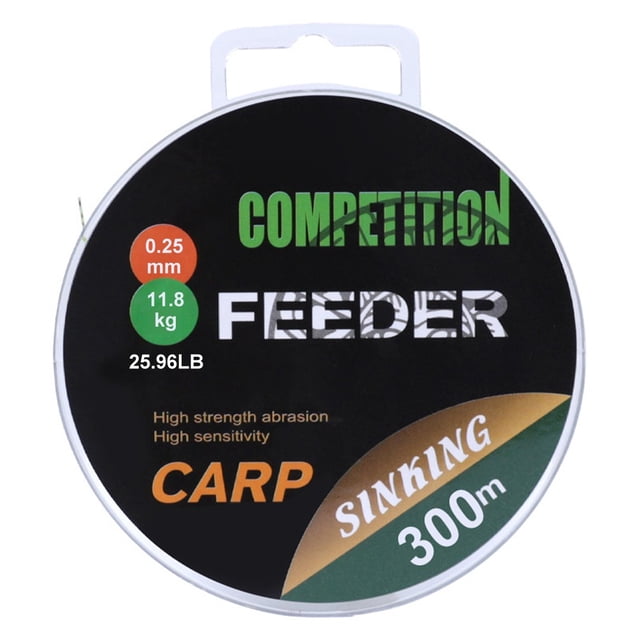 150/300M Fishing Line Invisible Spotted Nylon Fishing Line for Saltwater and Freshwater, shown in a compact spool labeled 'Competition Feeder.' The spool highlights specifications including 0.25mm diameter, 11.8kg (25.96LB) tensile strength, and 300m length. Designed for carp fishing, it features high strength abrasion resistance and high sensitivity, suitable for various fishing conditions.