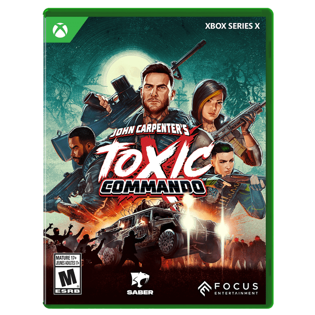 Couverture de Jeu Xbox Series X du Commando Toxique de John Carpenter Mettant en Vedette Quatre commandos Armés en Équipement Tactique sur Fond de Pleine Lune et de Forêt Sombre, avec un Véhicule Robuste Tirant des Phares Entouré de Figurines Semblables à des Zombies, Mettant l'Accent sur une action de Tir Apocalyptique Coopérative.