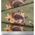 thumbnail image 2 of Soimoi Green Modal Satin Fabric Leaves & Hedgehog Animal Decor Fabric Printed Yard 42 Inch Wide, 2 of 3