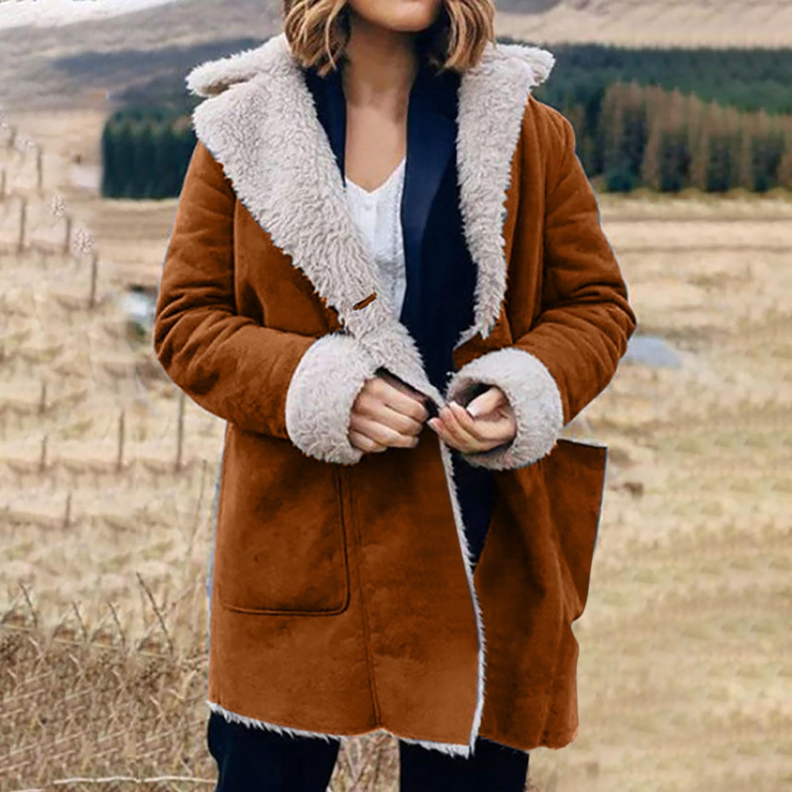LOVZFMLL Vestes pour Femmes Hiver Chaud Composite Bouton Col à Revers Veste Manteau d'Extérieur