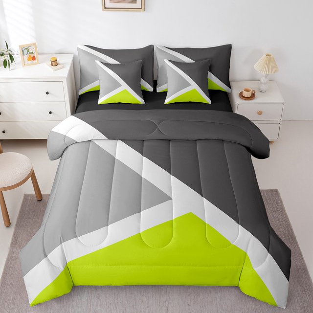 YST Lime Green And Gray 7-Piece Patchwork Geometry Bedding Set, Twin, Geometric Triangle Pattern
