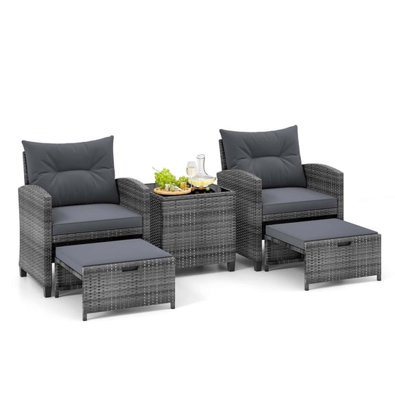 Gymax Ensemble de 5 Pcs en Rotin avec 2 Ottomans et Table Basse en Verre Trempé pour Patio Gris