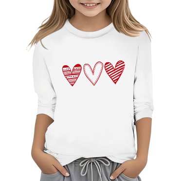 PMVFHDE Hauts d'Été pour Filles T-Shirts Graphiques pour Filles Hauts d'Été Tendance Hauts pour Filles T-Shirt Robes pour Filles Imprimé de la Saint-Valentin Col Rond Fonctionnel Manches 3/4 T-Shirt Blanc, 3-4 Ans