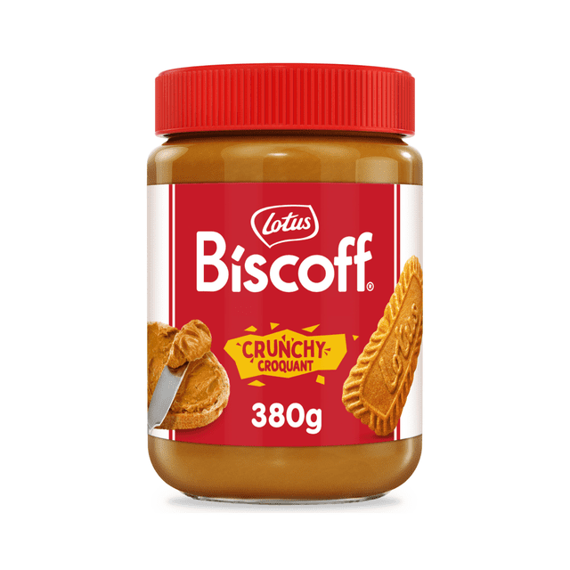 Lotus Biscoff Crunchy Spread 380g jar with red lid and red-white label featuring the Lotus Biscoff logo, a crunchy caramelized biscuit, and a knife spreading crunchy cookie butter on bread, ideal as a vegan cookie butter spread for toast and desserts.