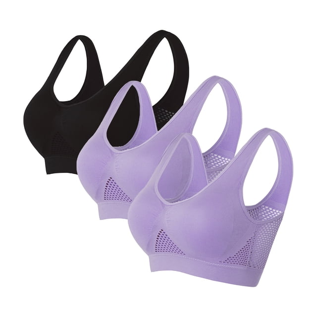 Timegard 3pc Sports Bras for Women Plus Size High Support Wireless Underwear Breathable Mesh Comfy Bras