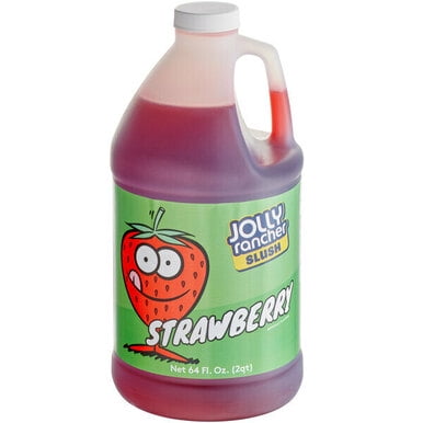 Jolly Rancher Sirop de Slush à la Fraise 5:1 Concentré de Service Alimentaire en Vrac dans un Contenant de 64 oz. la Bouteille Présente un Liquide Rouge Vif avec une Étiquette Verte Mettant en Vedette une Fraise de Dessin Animé et le logo de Slush Jolly Rancher. Idéal pour Préparer des Slushs, des granitas Ou des cocktails avec une Douce Saveur de Fraise.