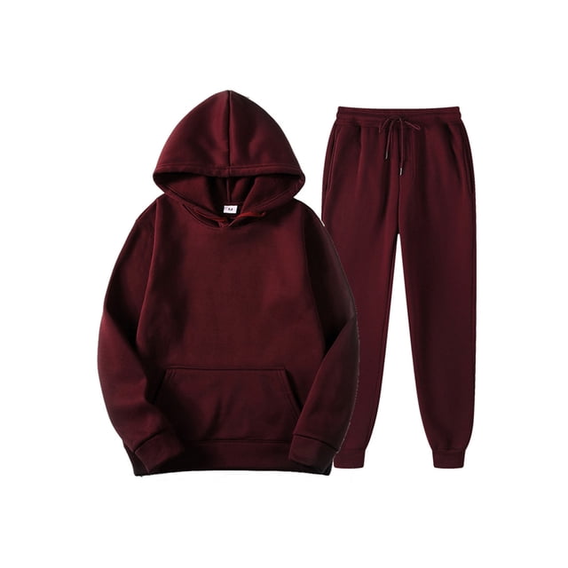 Innerwin Hoodies And Sweatpant Set Solid Color Mens Tracksuit Winter Hooded Warm 2 Piece Hoodie Wine Red L