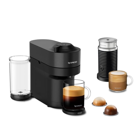 Machine à Café et Espresso Nespresso Vertuo Pop+ par DeLonghi avec Mousseur à Lait Aeroccino, Réglisse Noire