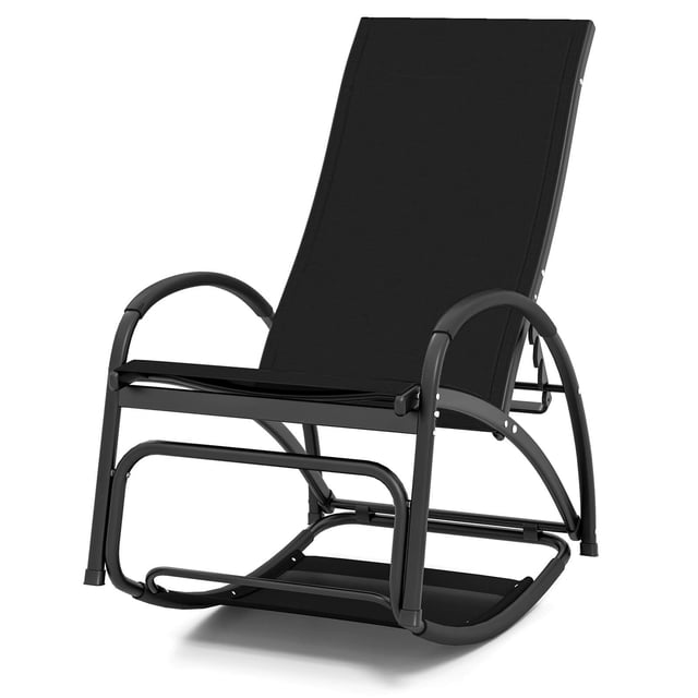 Costway 1 PCS 2-in-1 Outdoor Rocking Chair with 4-Position Adjustable Backrest and Curved Armrests. This grey chair features a convertible design, functioning as both a rocking chair and a lounge chair. It has a breathable fabric seat, a durable aluminum frame, and a 330 lbs weight capacity. The ergonomic backrest adjusts to four positions, and the curved armrests provide added comfort. Suitable for outdoor use on patios, poolside, or balconies.