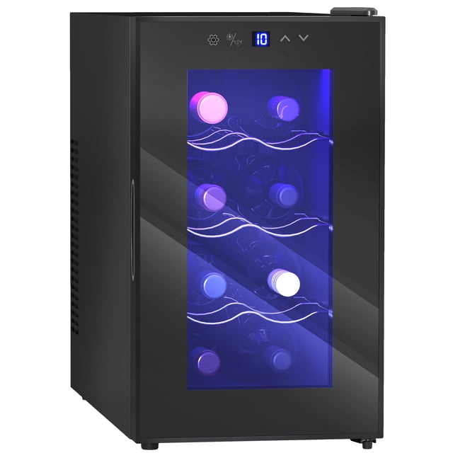 HOMCOM Réfrigérateur à Vin Autonome, un Frigo à Vin à 8 Bouteilles avec un design compact Noir, une Porte en Verre à Triple Niveau Résistante aux UV et un Éclairage DEL Bleu. Comprend des Supports Ajustables, un Contrôle Précis de la Température de 8 à 18 °C et des Commandes Tactiles avec un Affichage Numérique. Système de Refroidissement Thermoélectrique Silencieux Idéal pour Appartements et bars à la Maison.