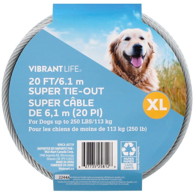 Vibrant Life 20 ft/6.1 m Super Dog Tie Out Cable coiled in grey with a blue label showing size XL for dogs up to 250 lbs/113 kg, bilingual English and French text, and recycling symbols, suitable for outdoor dog tethering and training.