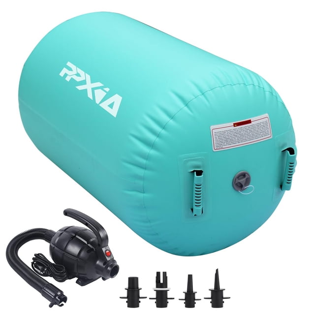 PPXIA Gymnastics Air Roller Air Barrel Inflatable Tumbling Mat in teal, ideal for gymnastics training, yoga, and cheerleading. Features durable handles and a secure valve for setup. Includes an electric pump with multiple nozzle attachments for quick inflation, suitable for home exercise and fitness routines.