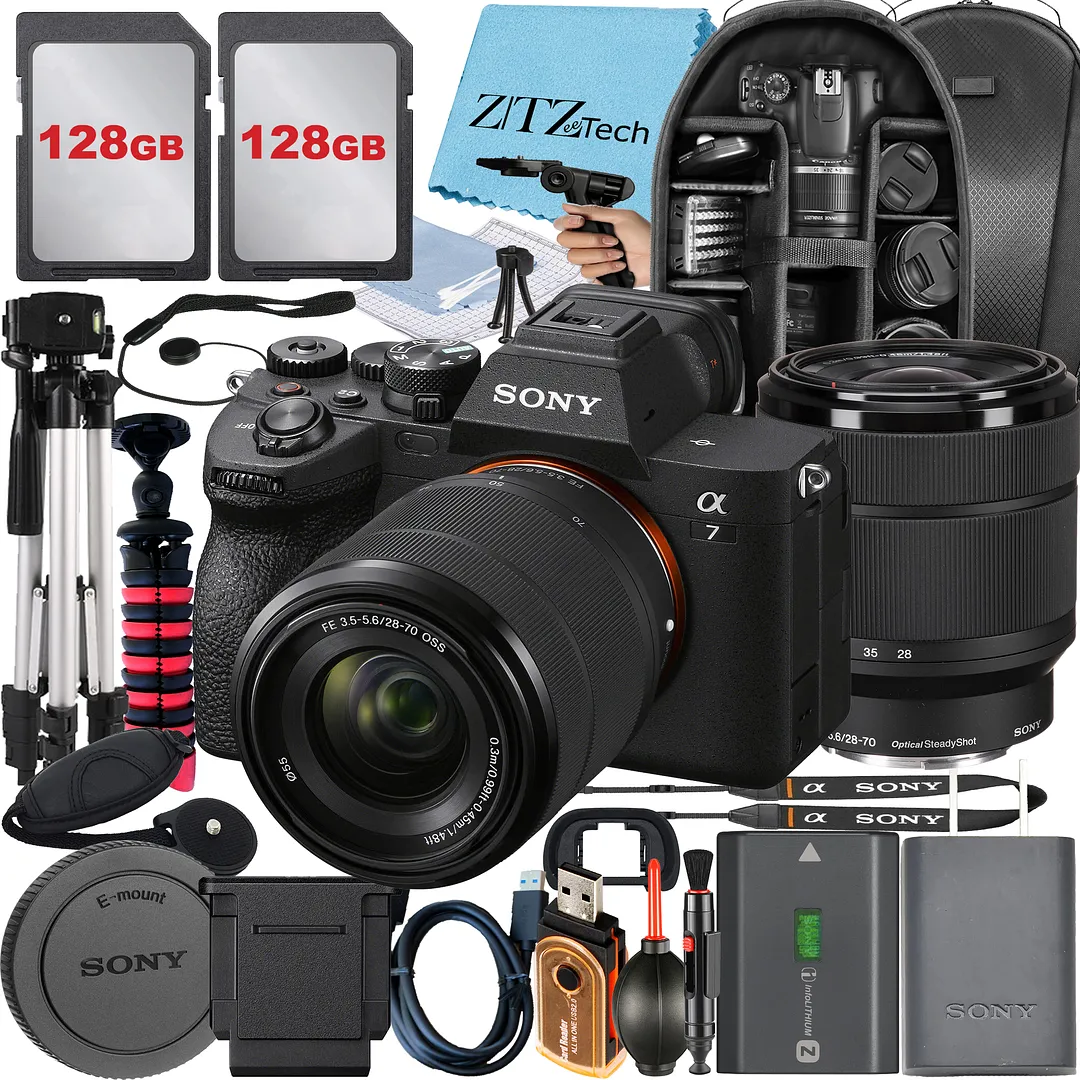 Sony a7 IV Mirrorless Camera + Sony FE 28-70mm + Tripod + 2 Pack 128GB Memory Card + Backpack + ZeeTech Accessory Bundle