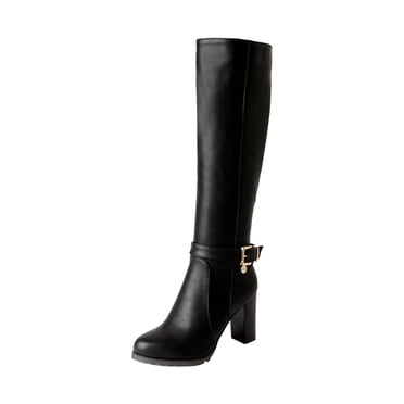 jsaierl Women's Classic Chunky Knee High Boots Shoes Solid Color Belt Buckle High Heels Leather Boots