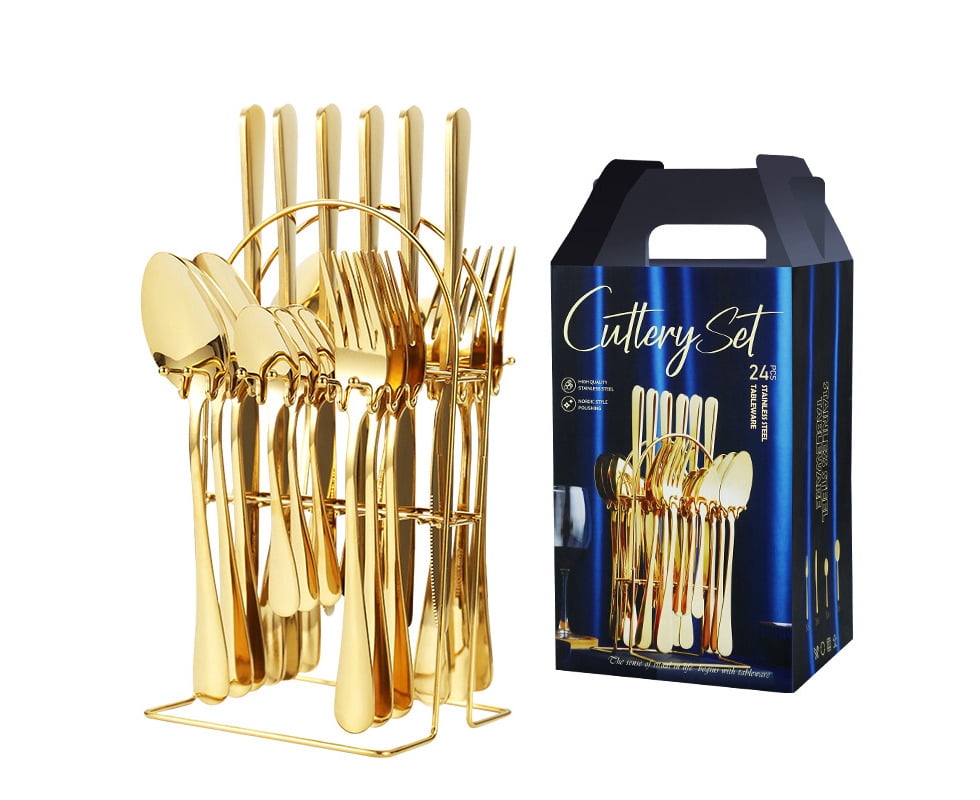 24-Piece Gold Stainless Steel Cutlery Set with Knife Block - Premium Food-Grade, Rustproof, Dishwasher Safe Flatware for Home/Restaurant Use, Ergonomic Handles, Mirror Polished, Ideal for Daily