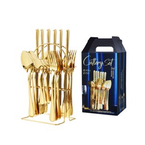 24-Piece Gold Stainless Steel Cutlery Set with Knife Block - Premium Food-Grade, Rustproof, Dishwasher Safe Flatware for Home/Restaurant Use, Ergonomic Handles, Mirror Polished, Ideal for Daily