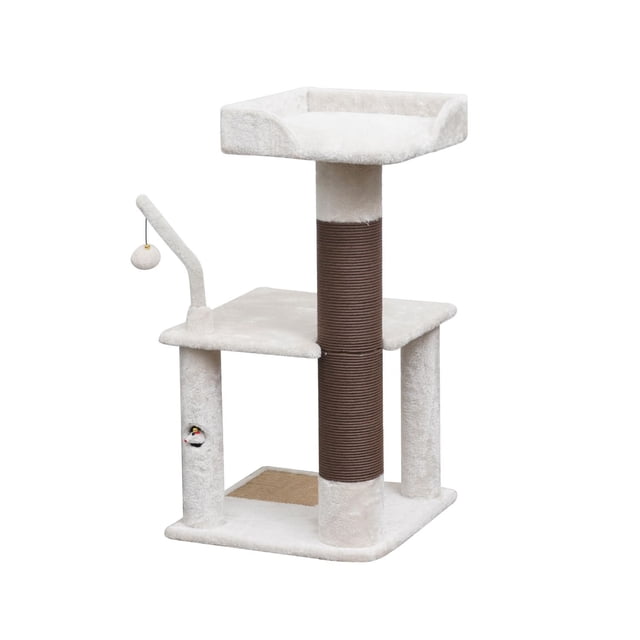 Vibrant Life 3-Level 31.5" Small Cat Tree in cream with plush fabric and a natural brown paper rope scratching post, featuring a raised top perch, middle platform, dangling ball toy, and a small toy bird in a lower hole, ideal for cat play, scratching, and rest.