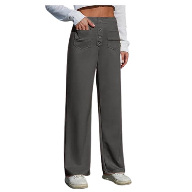 WEIYLL Women's Pants Work Straight Wide Leg Button Down High Elastic Waisted Pockets Dark Gray Pant size L