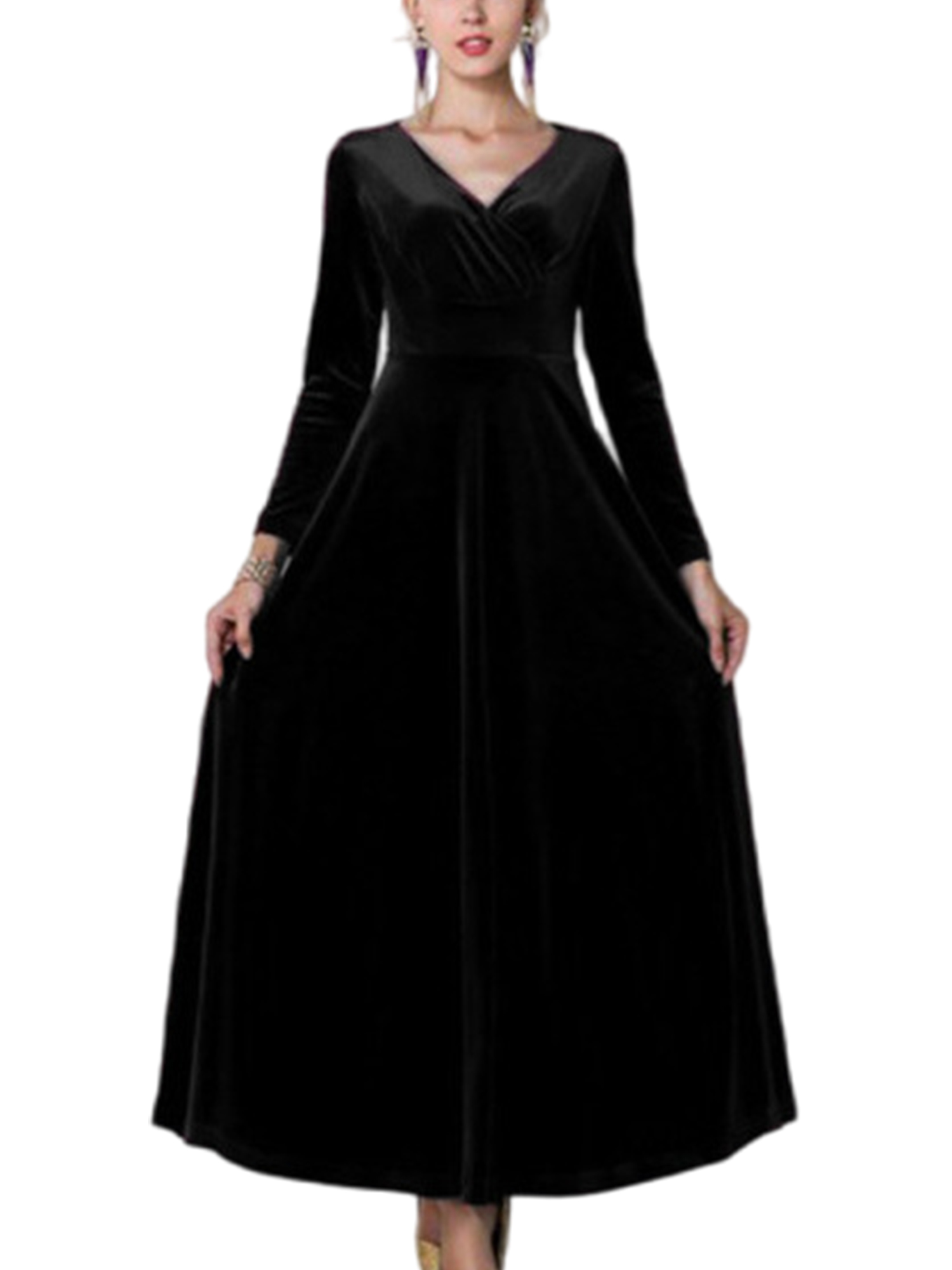Innerwin Robe Ligne A Couleur Unie Femmes Robes Maxi Vacances Manches Longues Ample Noir TG