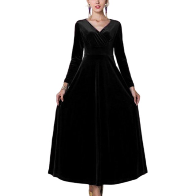 Innerwin Robe Ligne A Couleur Unie Femmes Robes Maxi Vacances Manches Longues Ample Noir G