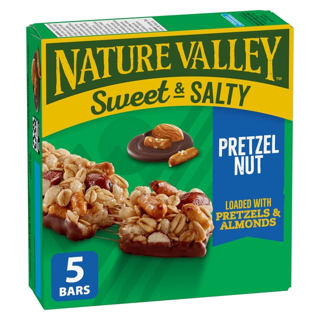 Nature Valley Sweet & Salty Granola Bar Pretzel Nut box containing 5 bars, featuring chewy granola with whole grain oats, pretzels, almonds, and a chocolatey coating, suitable as a portable sweet and salty snack or on-the-go treat.