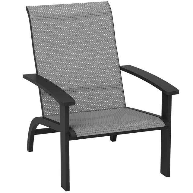Outsunny Adirondack Chair Aluminum Muskoka Chair with Mesh Seat featuring a dark grey and black aluminum frame with a powder-coated finish. The chair has a breathable 830gsm mesh seat and backrest with a rattan-effect weave for added texture. It includes a high backrest, wide armrests, and protective foot pads, making it suitable for outdoor use on patios, gardens, or balconies. Dimensions are 27.2 inches wide, 33.9 inches deep, and 35 inches high, with a weight capacity of 265 lbs.