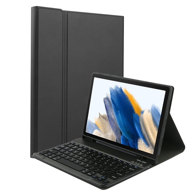 Portable detachable tablet protective case with keyboard and pen slot in black, compatible with Tab S6 Lite 2022 P613 P619. The case features a hidden pen slot, adjustable angles, and 360° protection against shocks, falls, and scratches. Made of PU leather and TPU for the case, and aluminum alloy and PC for the keyboard. Includes a data cable and user manual.